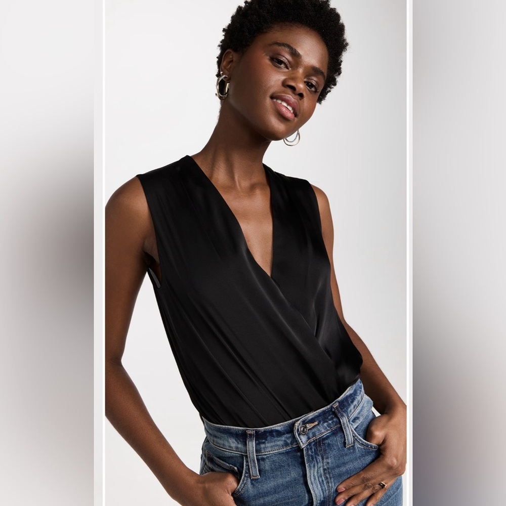 🍁 Bradamant Black Silk Wrap Sleeveless Bodysuit, Size XL